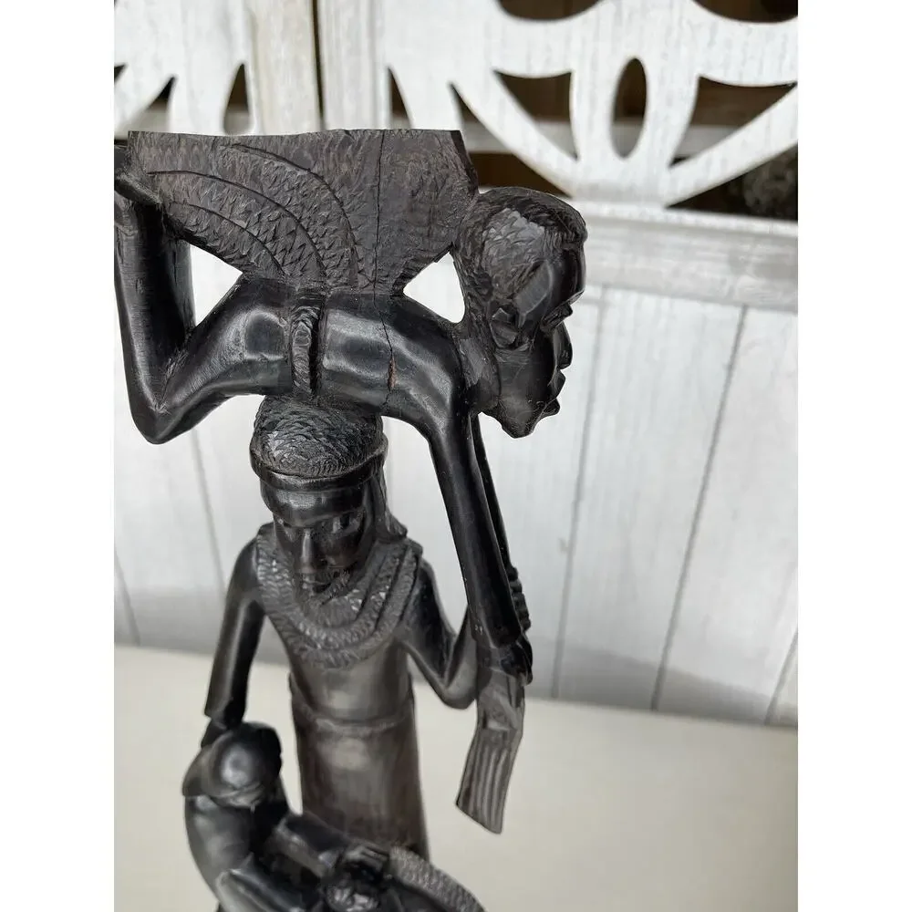 African Statue Ebony Wood Carved Family Of 4 Statue Tanzania 14.5in Mother Baby